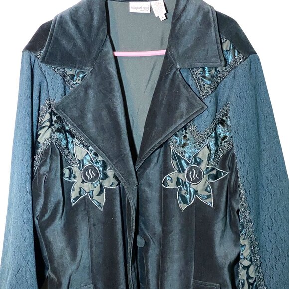 Vintage 1970s Newport News Boho Deep Teal Blue Velvet & Floral Embroidered Coat - Picture 6 of 12